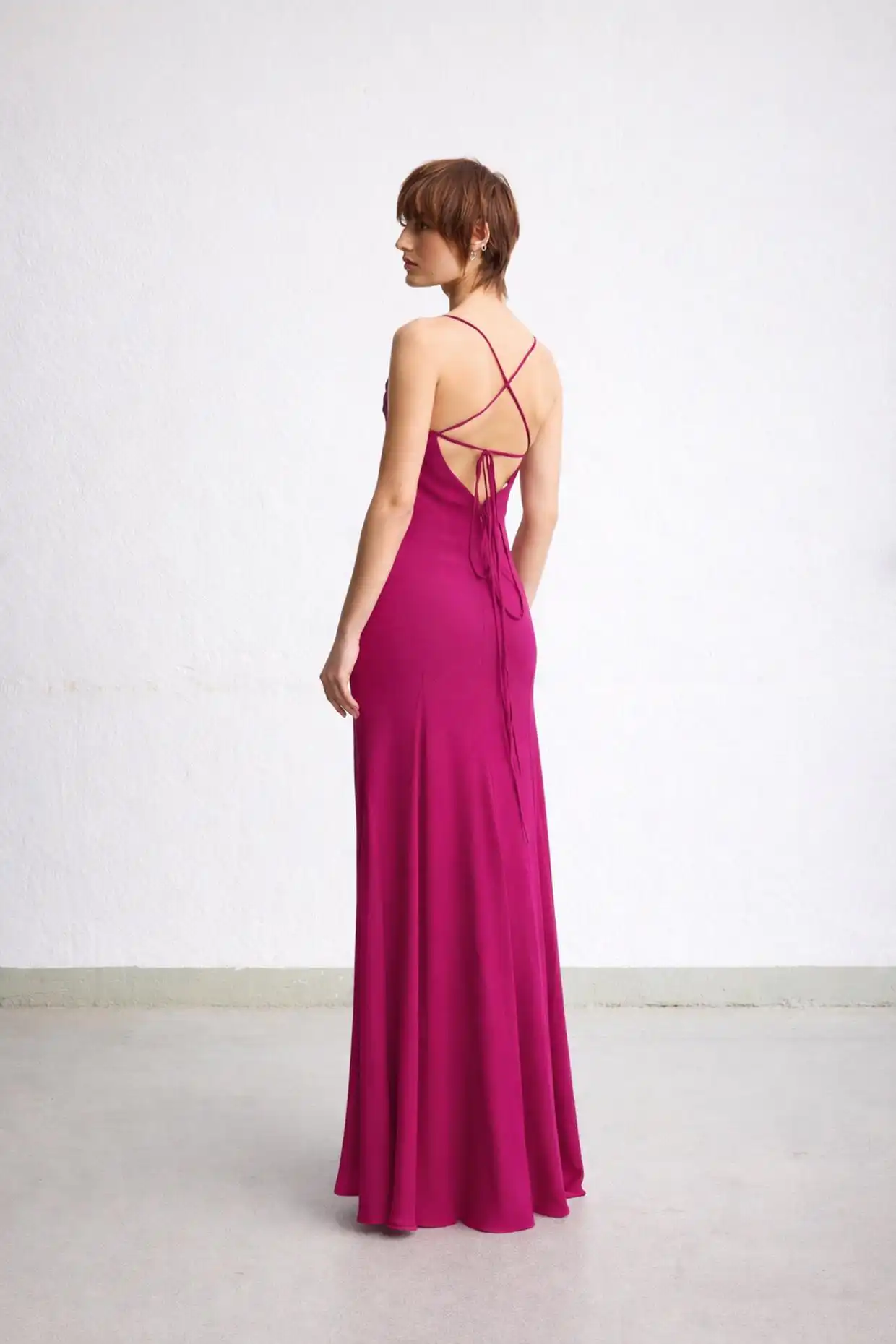 ALLY maxi dress in fluid fuchsia viscose with thin adjustable straps at the back - Image 2