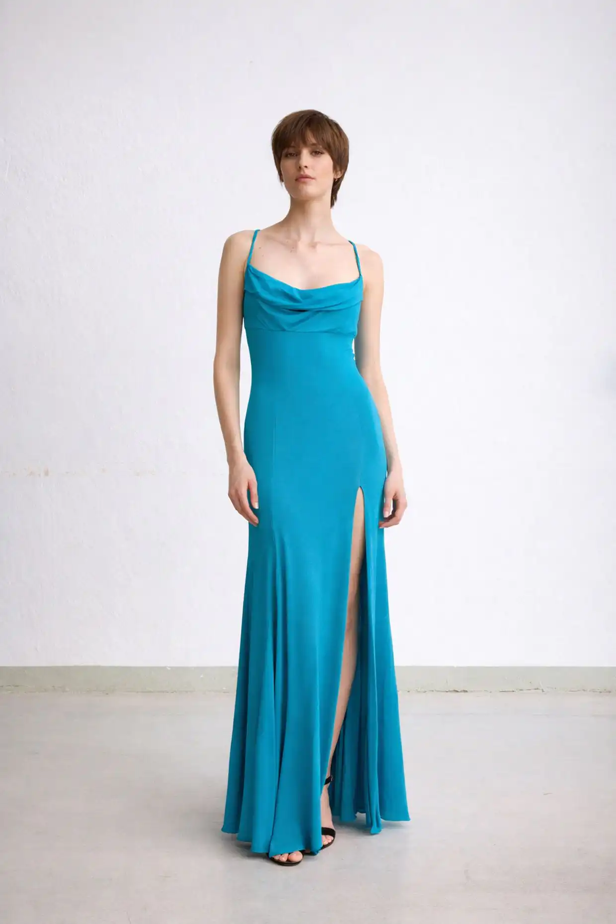 ALLY long turquoise flared dress with thin straps - Image 3