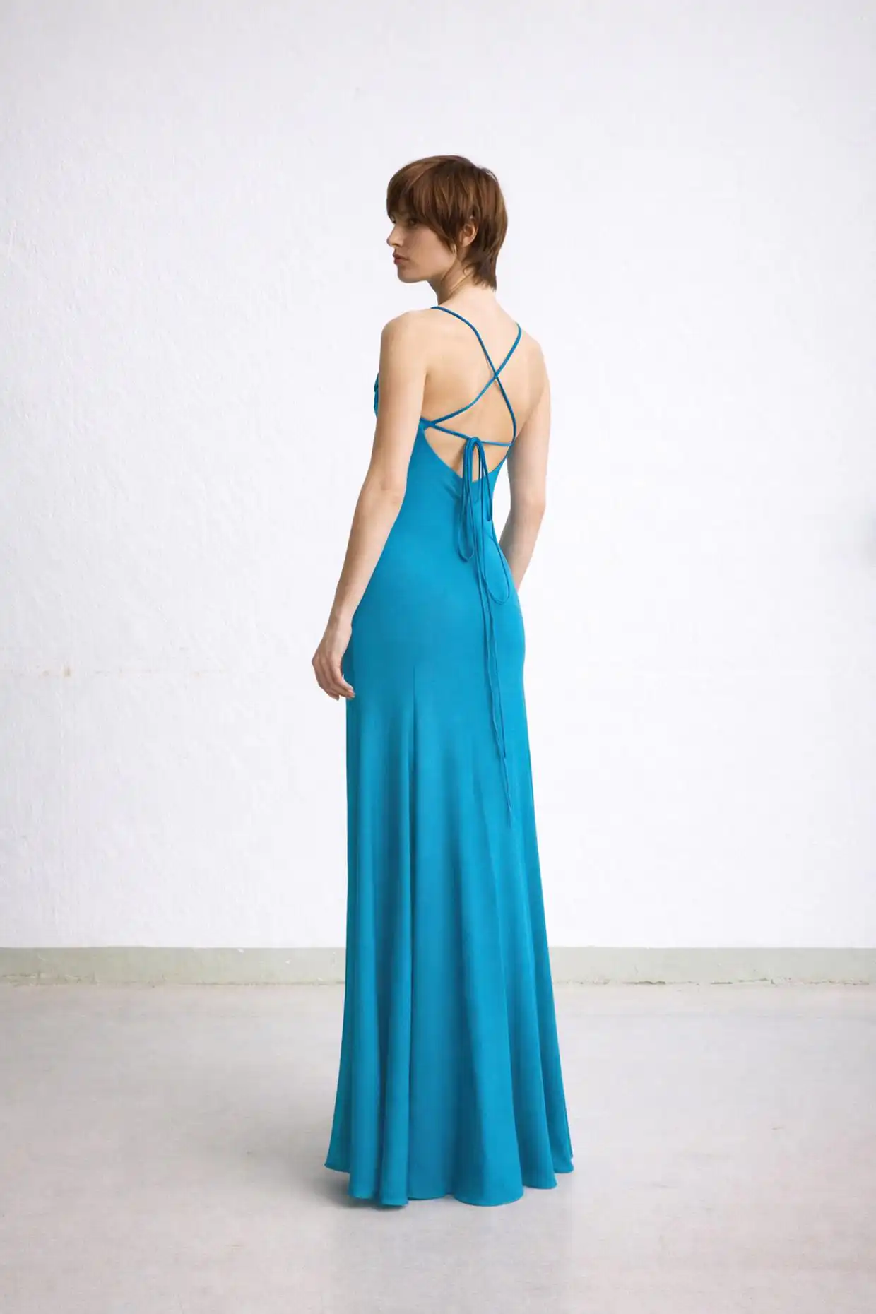 ALLY long turquoise flared dress with thin straps - Image 2