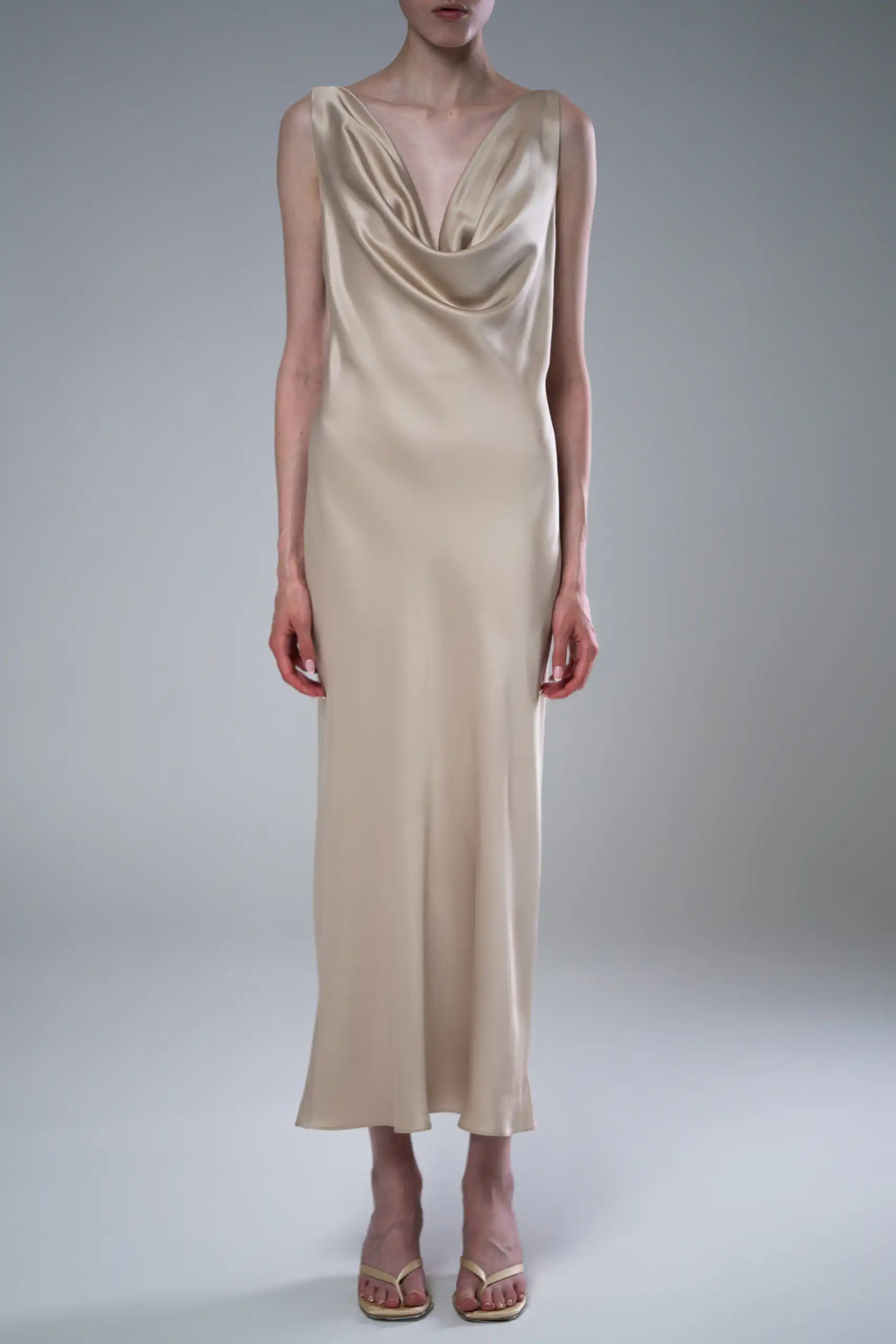 NATH long dress in nude satin viscose with a draped neckline