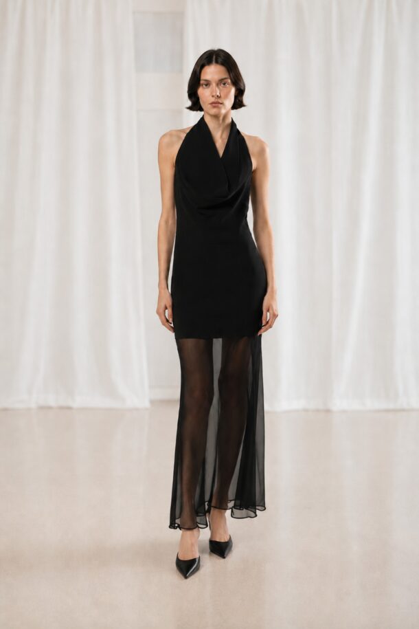 TYLA long black dress with a sheer silk chiffon hem and a halter neckline