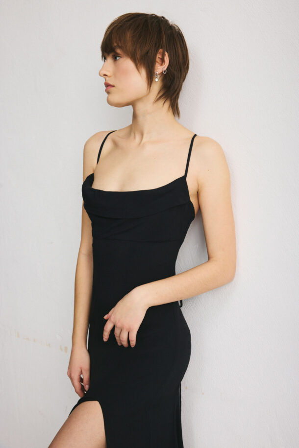 ALLY long flared dress with a thigh-high slit and thin back-tie straps