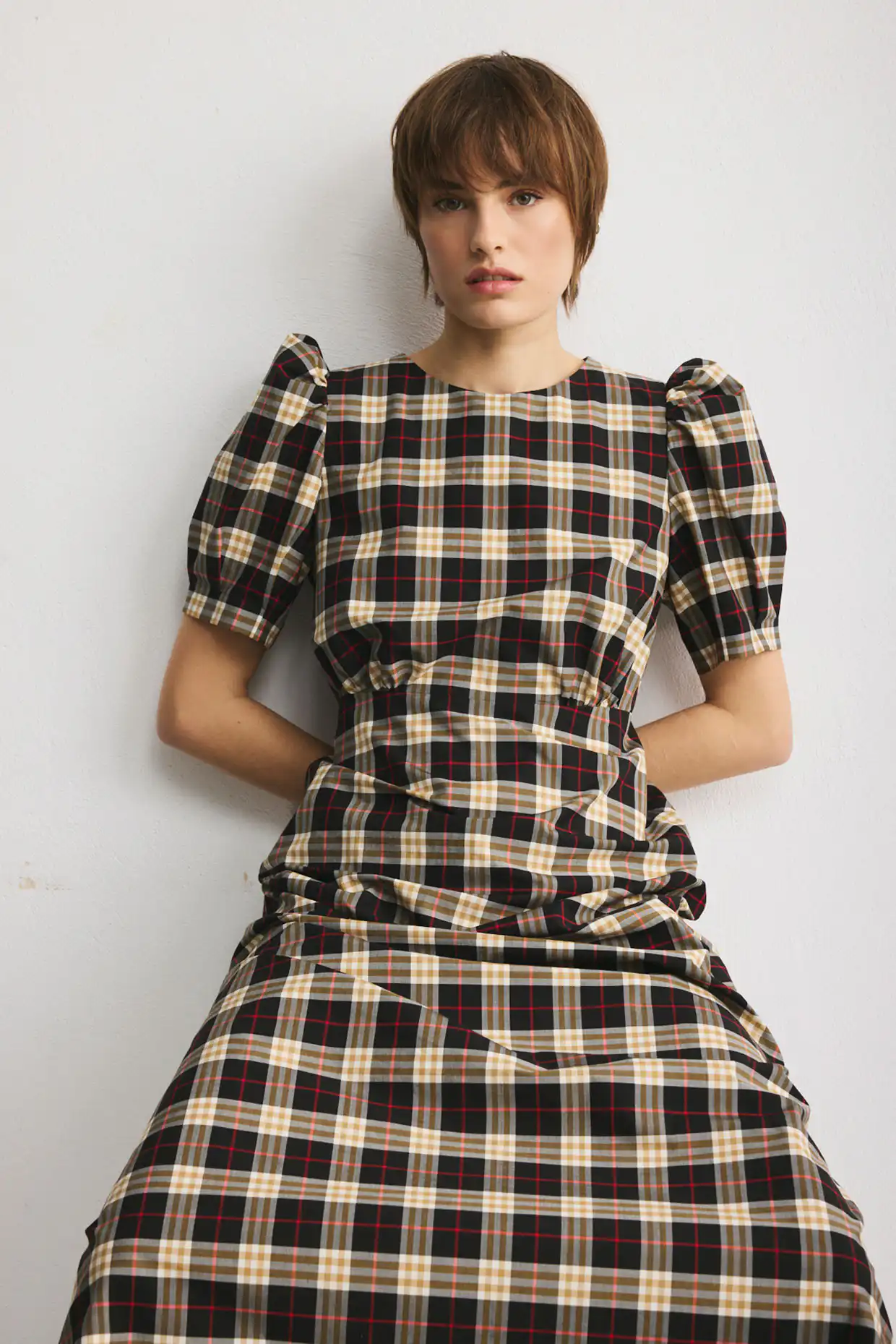 CARLA long dress with puff shoulders in a limited-edition checked cotton fabric - Image 2