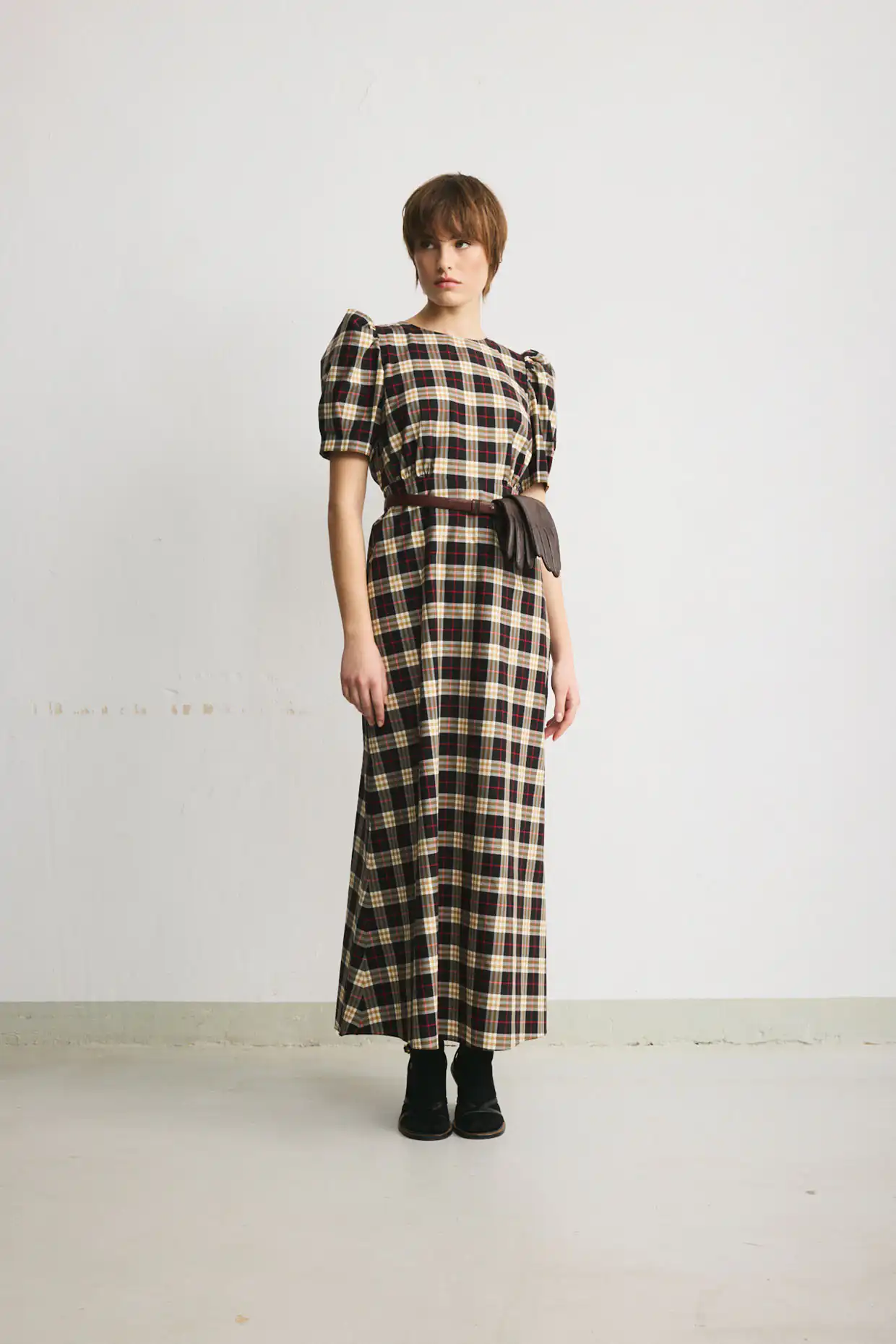 CARLA long dress with puff shoulders in a limited-edition checked cotton fabric