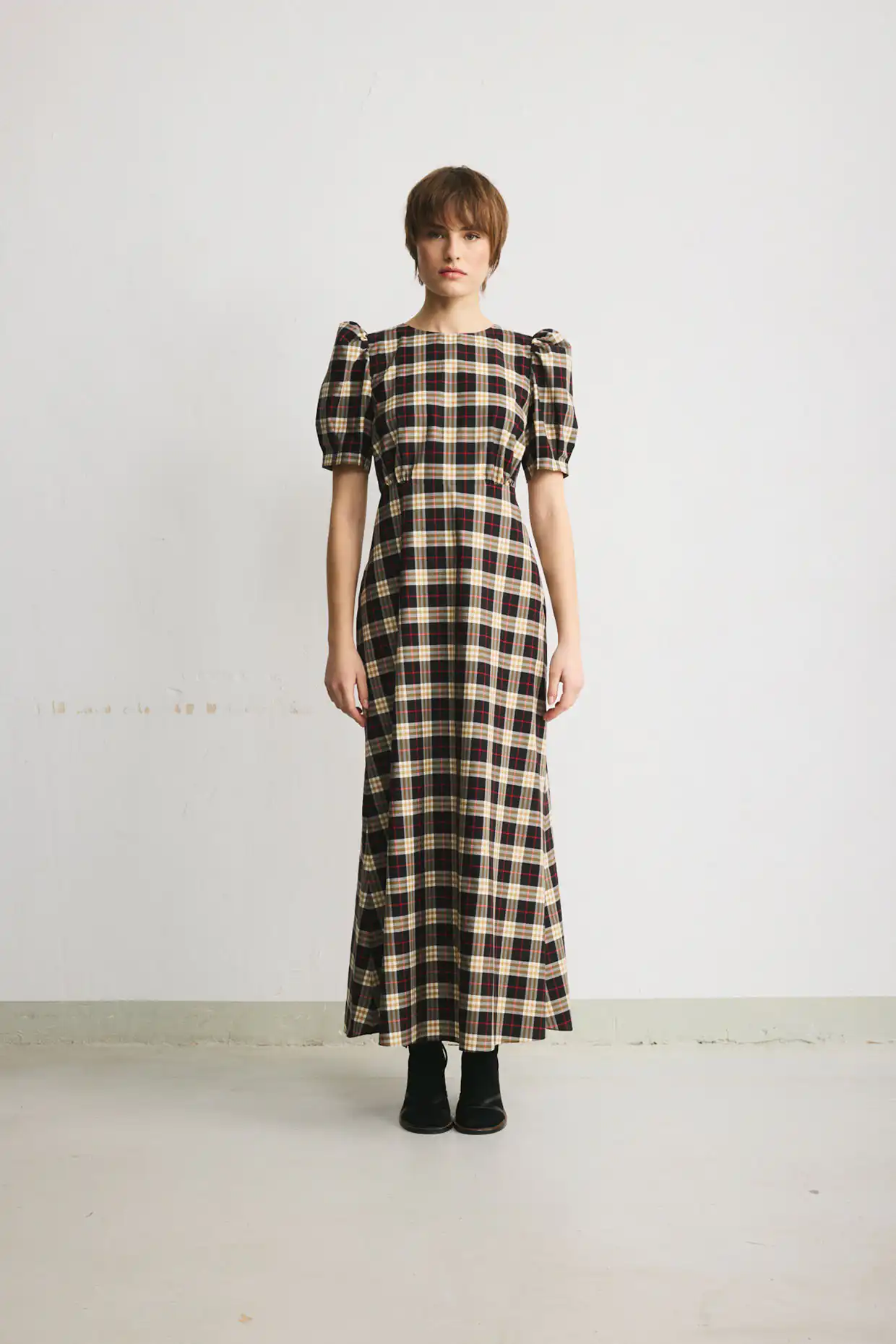 CARLA long dress with puff shoulders in a limited-edition checked cotton fabric - Image 3