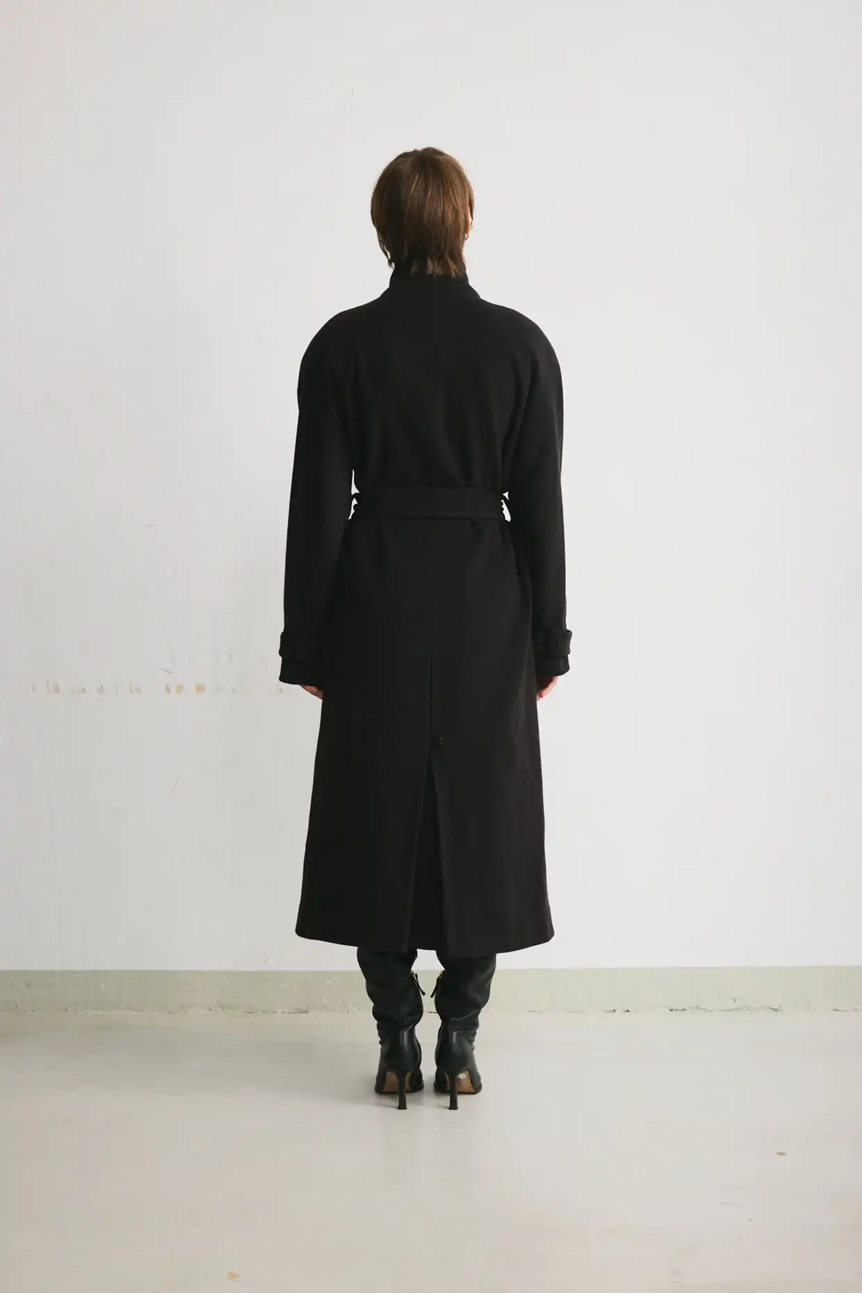 MILANO long raglan wool coat with a stand collar in deep chocolate brown, finished with a belt - Image 4
