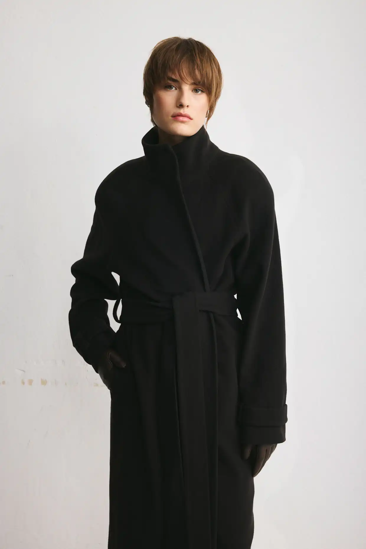 MILANO long raglan wool coat with a stand collar in deep chocolate brown, finished with a belt - Image 6