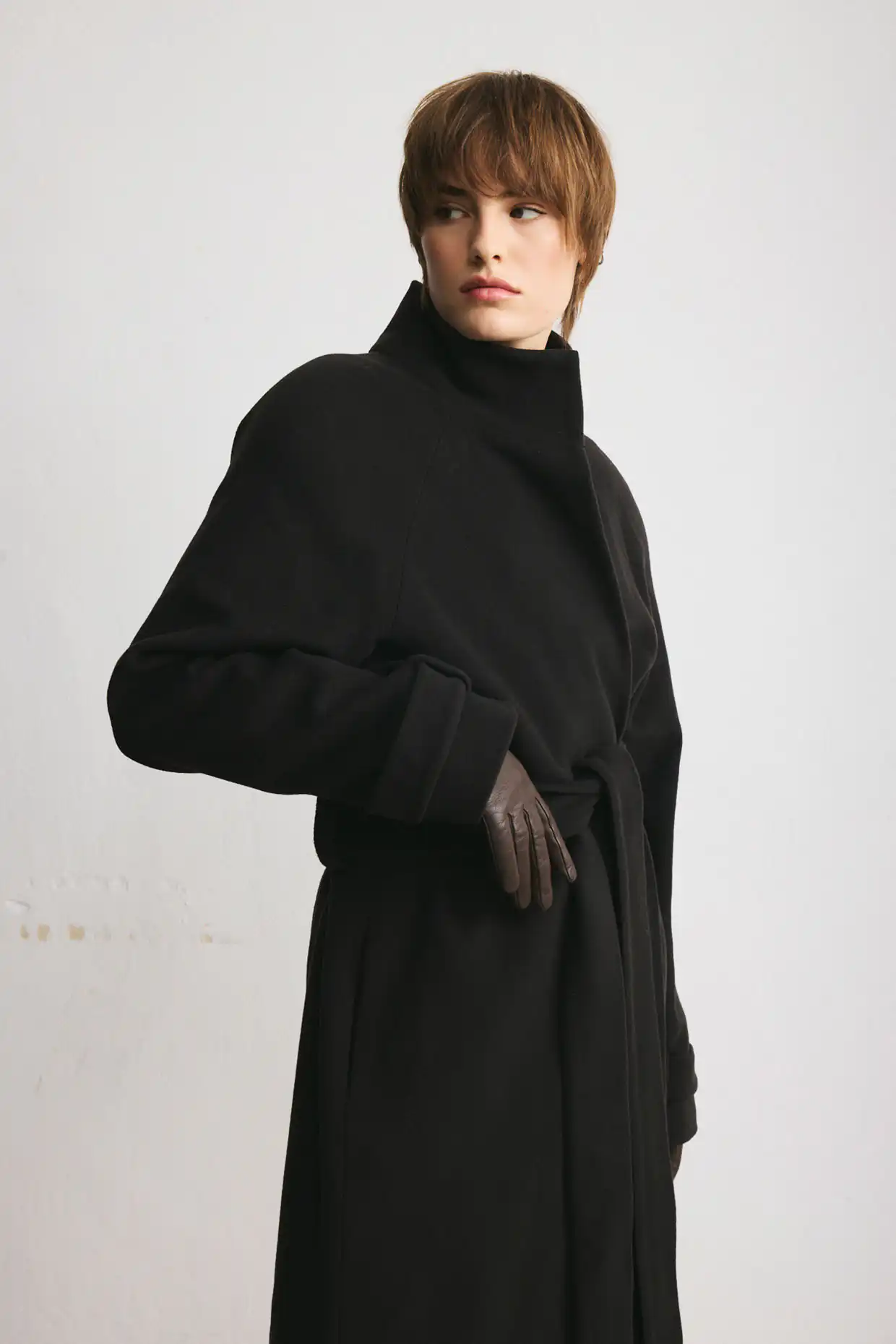 MILANO long raglan wool coat with a stand collar in deep chocolate brown, finished with a belt - Image 2