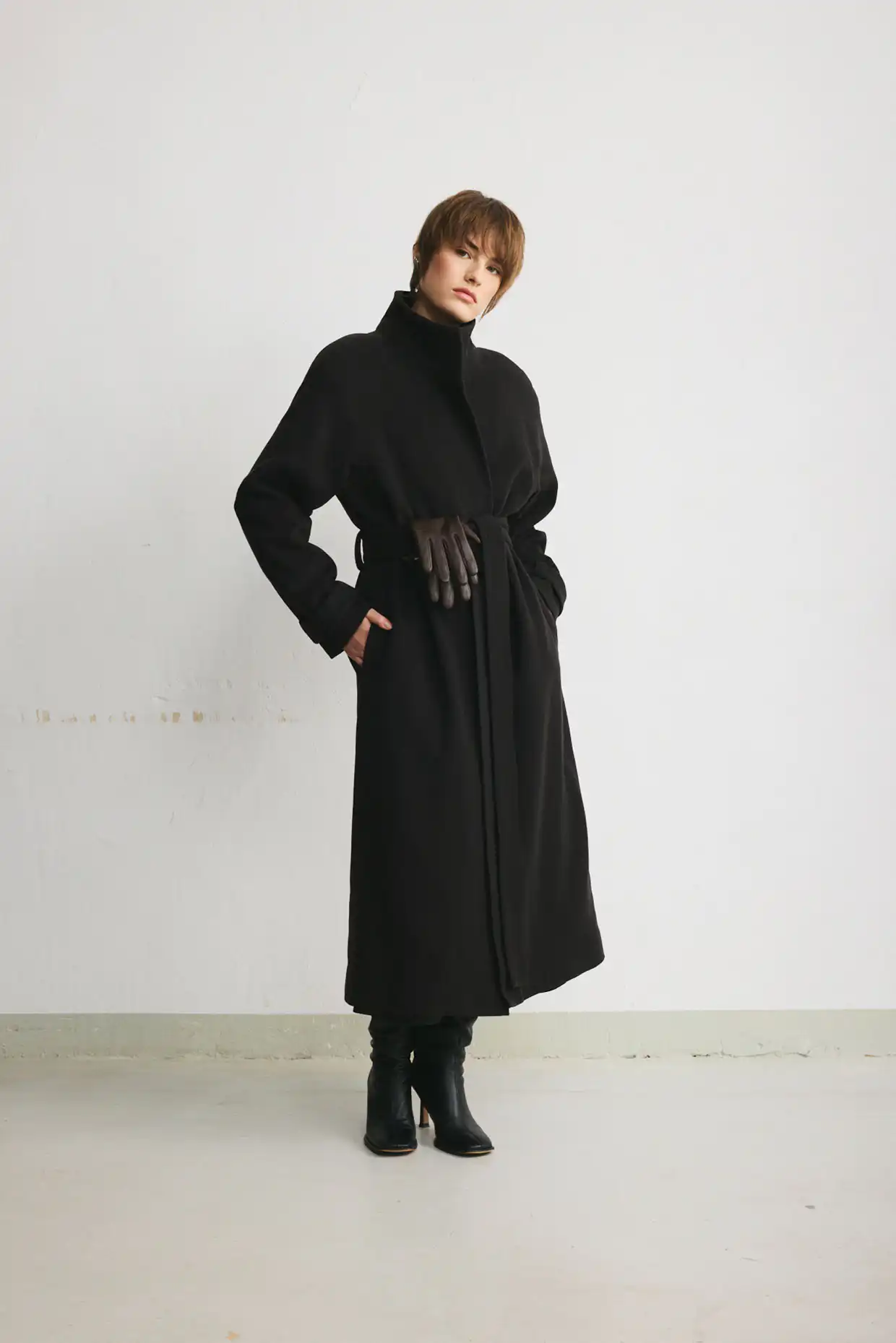 MILANO long raglan wool coat with a stand collar in deep chocolate brown, finished with a belt