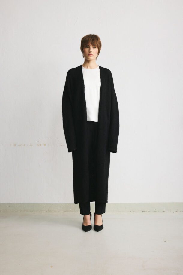 Long black Suri alpaca & merino wool cardigan.
