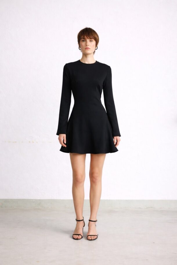 JAZ short dress in black satin viscose with long bell sleeves