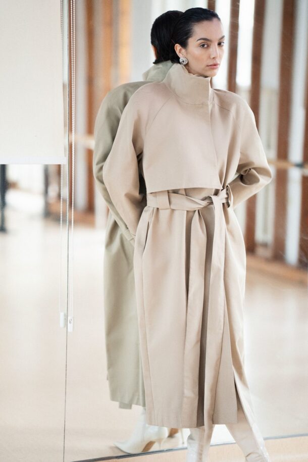 MILANO long beige raglan trench coat with a stand-up collar